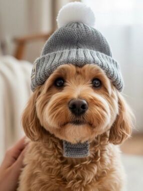 HAPPY DOOOOOG Soft Knit Dog Hat w/Pom Trim, Ear Holes + Chin Strap in Grey - NWT